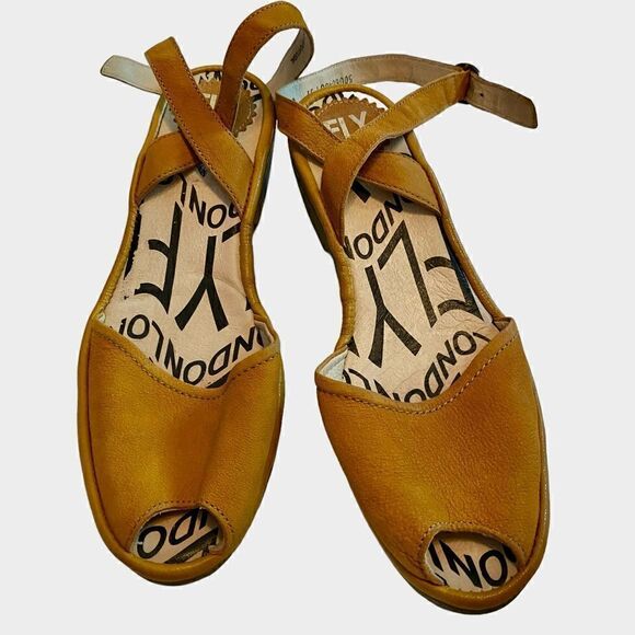 Fly London Mustard Yellow Wedge Sandals Peep Toe Ankle Wrap Shoes - Picture 3 of 6